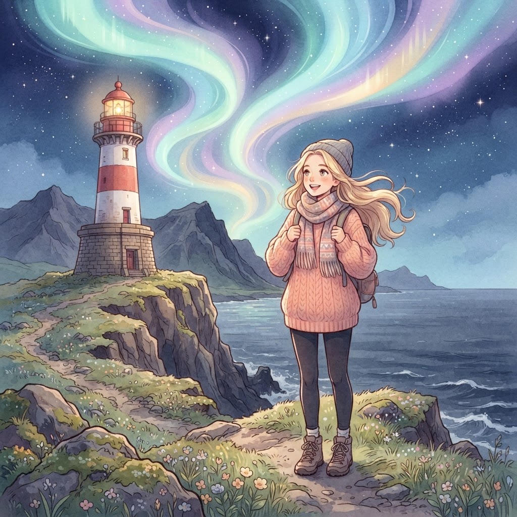 Bella frente a un faro en Islandia, ilustración soft anime