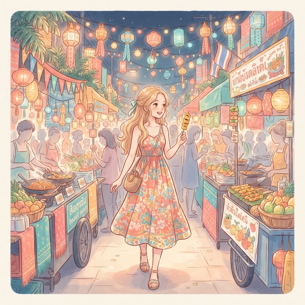 Bella en un mercado nocturno de Bangkok, ilustración soft anime