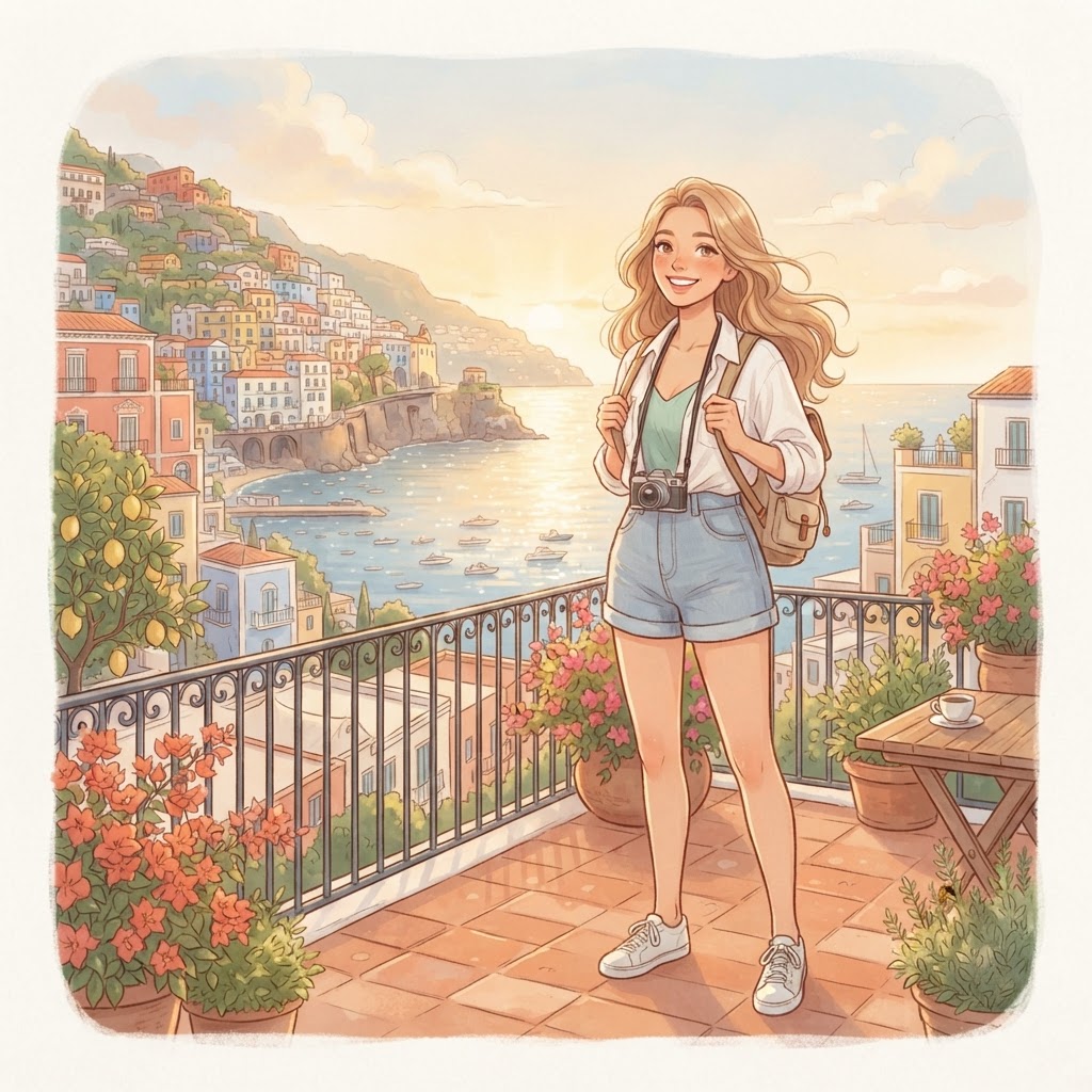 Bella descubriendo una plaza llena de color, ilustración soft anime