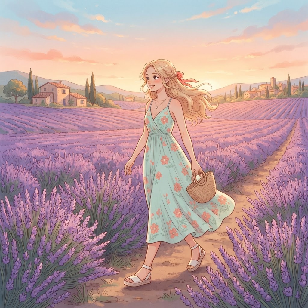 Bella en un campo de lavanda en Provenza, ilustración soft anime
