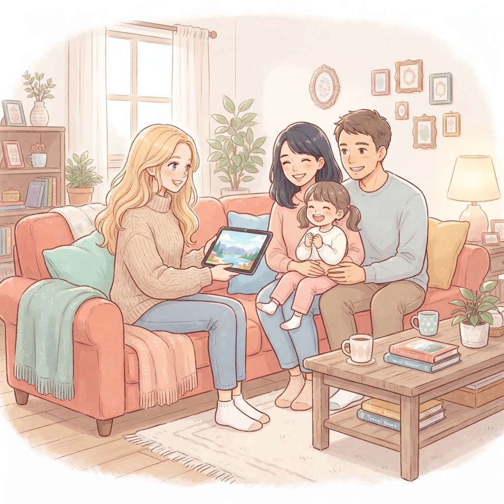 Bella viendo un episodio en familia, ilustración soft anime