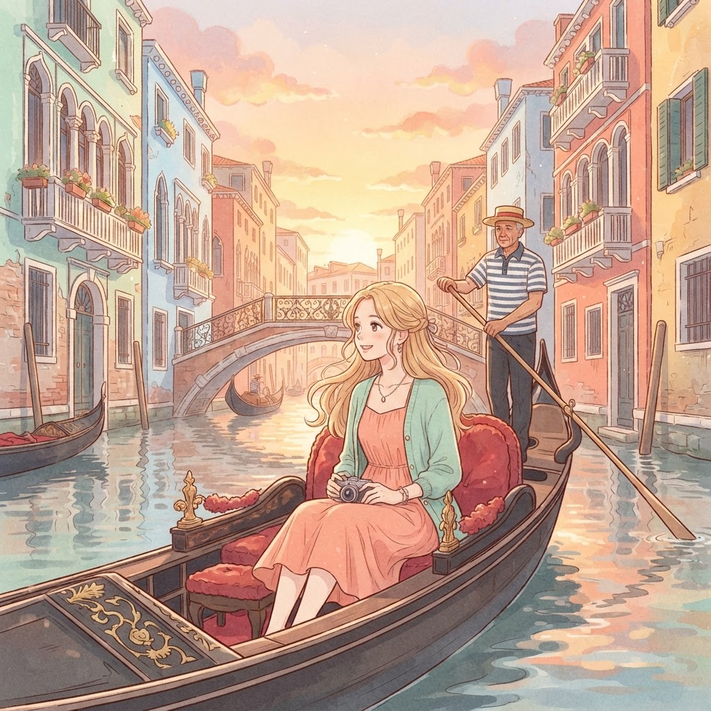 Bella en una góndola en Venecia, ilustración soft anime